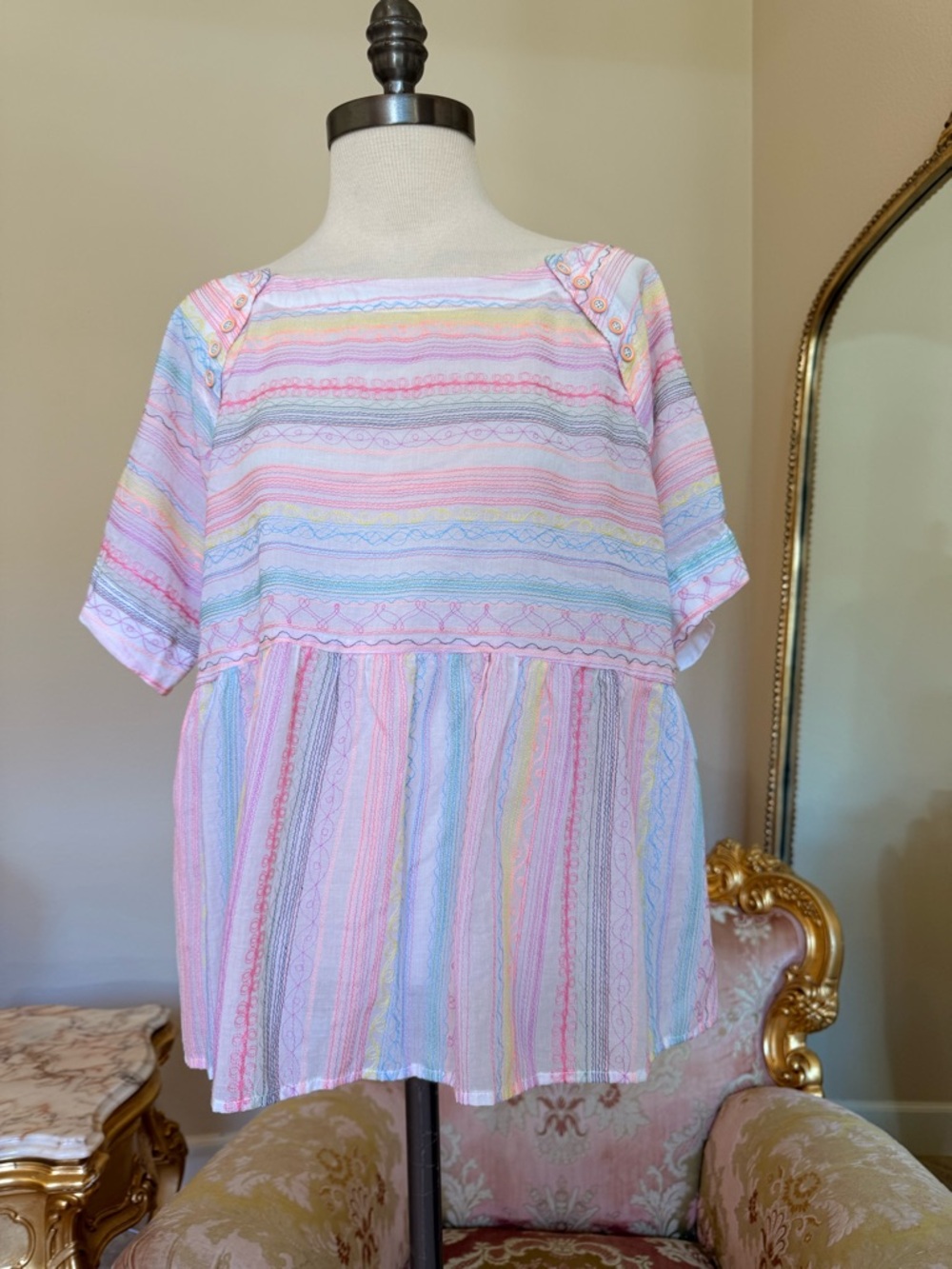 Anthropologie Pastel Rainbow Embroidered Button-Up Blouse